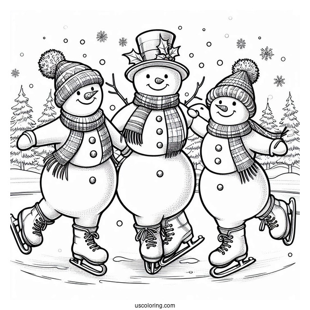 Three Snowmen Ice Skating During Christmas