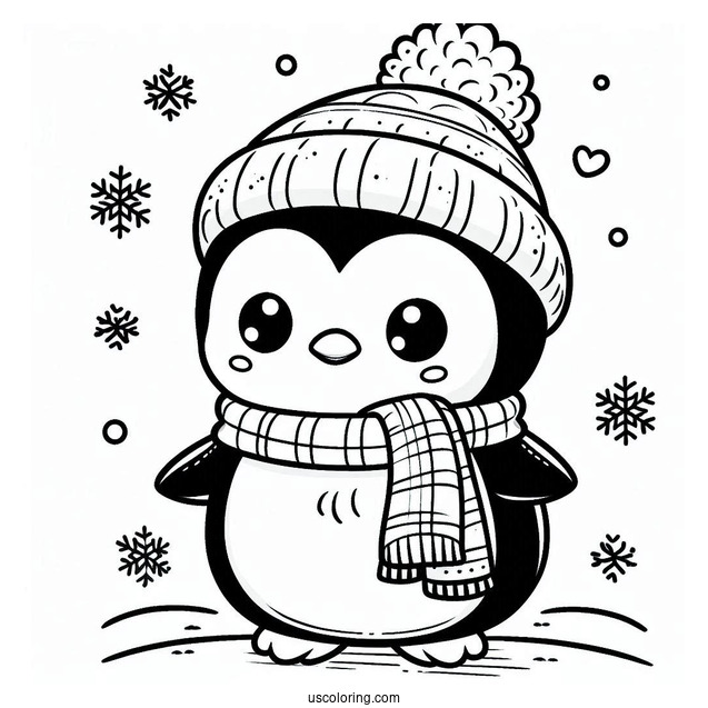 Happy Little Penguin Wearing Scarf Coloring In