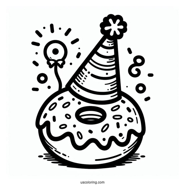 Donut Coloring Page Wearing A Birthday Hat In A Party