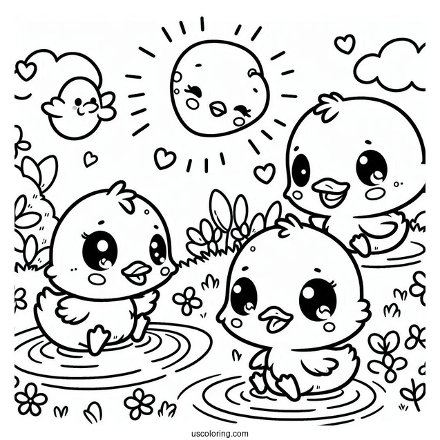 Kawaii Ducklings Playing In A Pond Coloring Page For Preschoolers