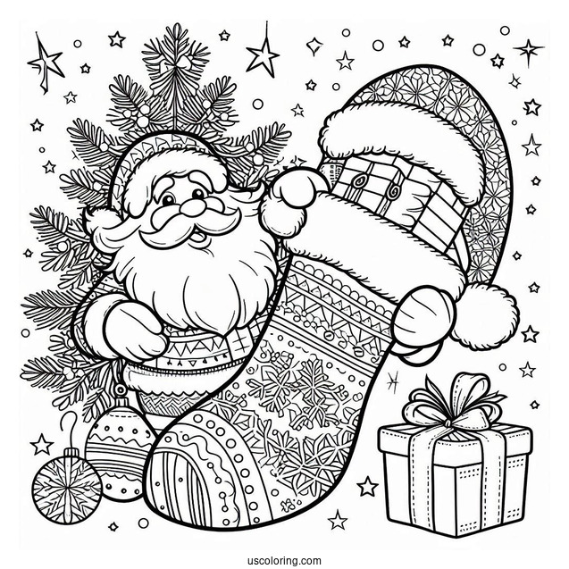 Merry Christmas Stocking With Santa Coloring Page