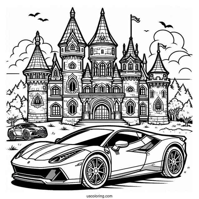 Castle Coloring Page Of Modern Castle With Sports Car