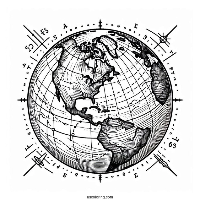 The Earth With Longitude And Latitude Lines Coloring Page