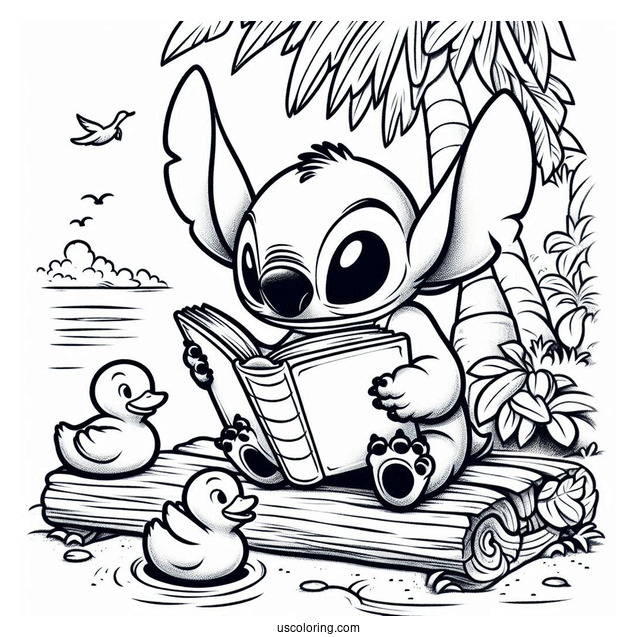 Stitch Reading a Book Do Duckings Coloring Page