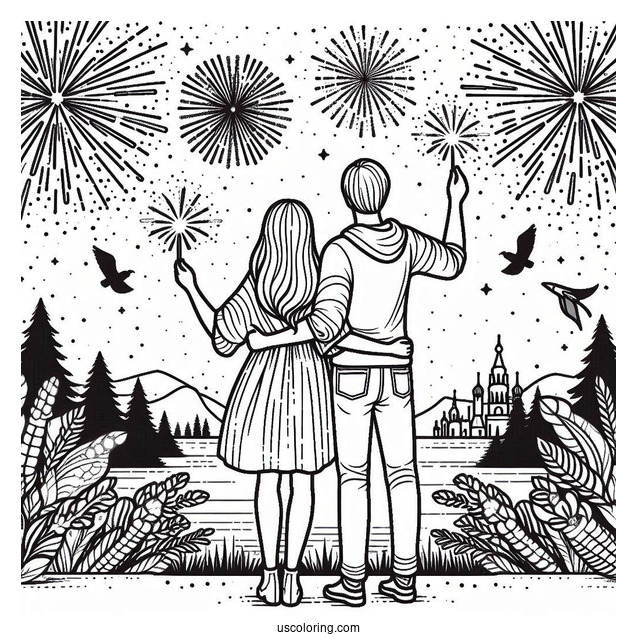 People Holding Up Sparklers To A Sky Filled With Fireworks On New Year Coloring Page