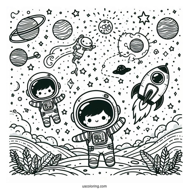Outer Space Journey with a Chibi Coloring Page Astronaut and Rocket Ships