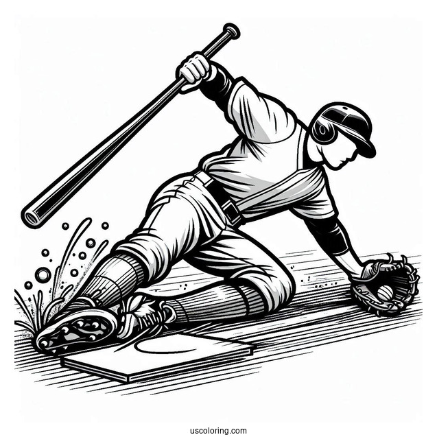 Baseball Coloring Page Of Player Sliding into Home Plate For Kids