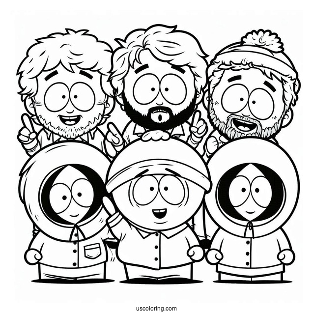 Eric, Kyle, Stan, And Kenny Waving South Park Coloring Page