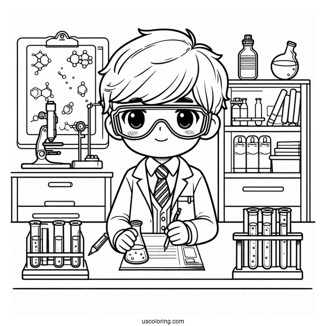 Science Coloring Page Of Boy In Goggles And Lab Coat In A Science Laboratory