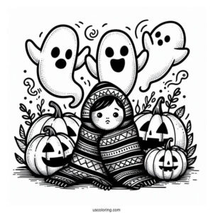 Pumpkin Coloring Page Of Blanket Ghosts Hovering Above Jack O Lanterns For Kids