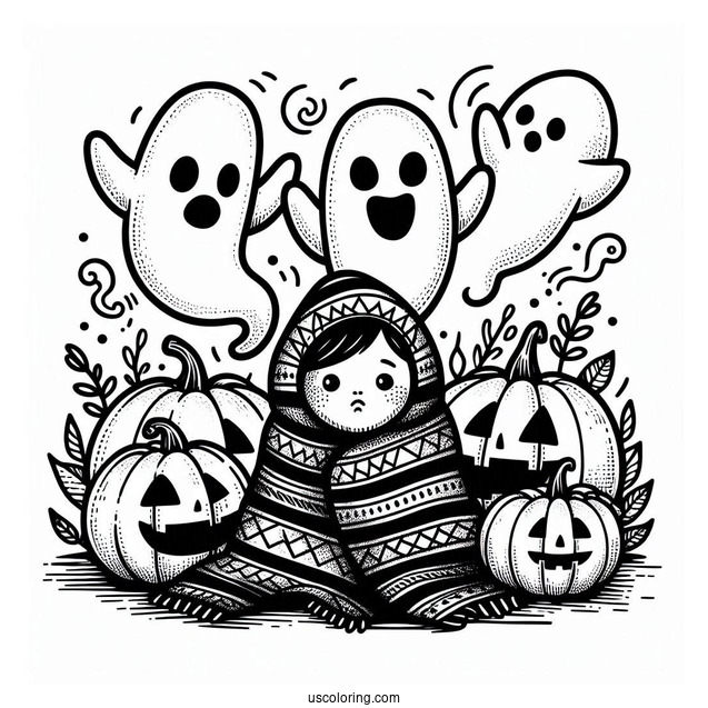 Pumpkin Coloring Page Of Blanket Ghosts Hovering Above Jack O Lanterns For Kids