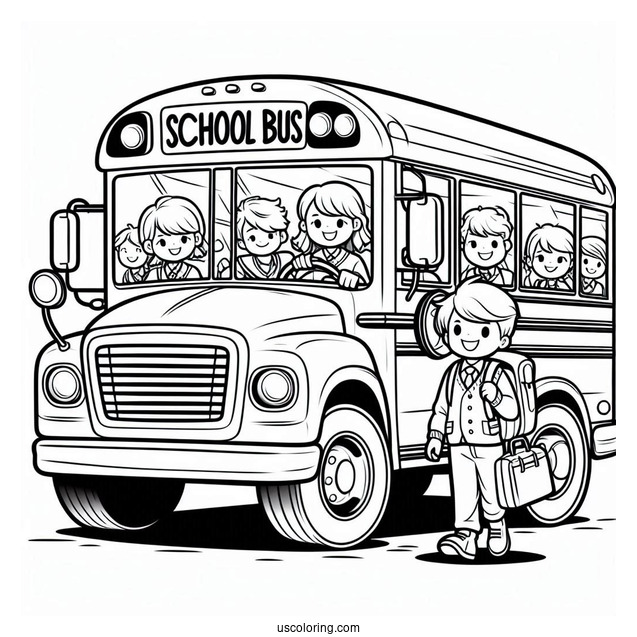 Cartoon School Bus With Students And Driver