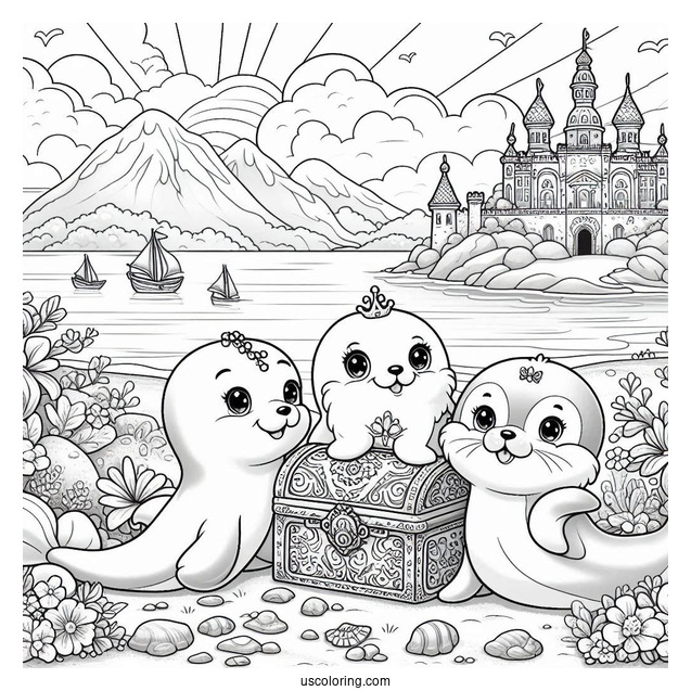 Palace Pets Coloring Page Of Treasure At The Beach With Dolphin And Seals For Kids