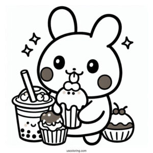 Pochacco Coloring Page Eating Sweets With Choppy On Top Of Boba Tea