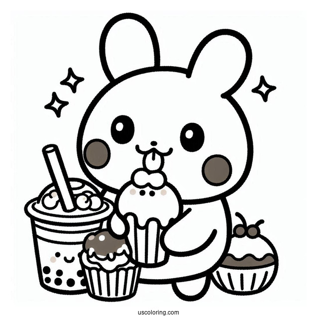 Pochacco Coloring Page Eating Sweets With Choppy On Top Of Boba Tea