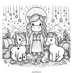 Nativity Coloring Page With Cow And Pony Surrounding Jesus