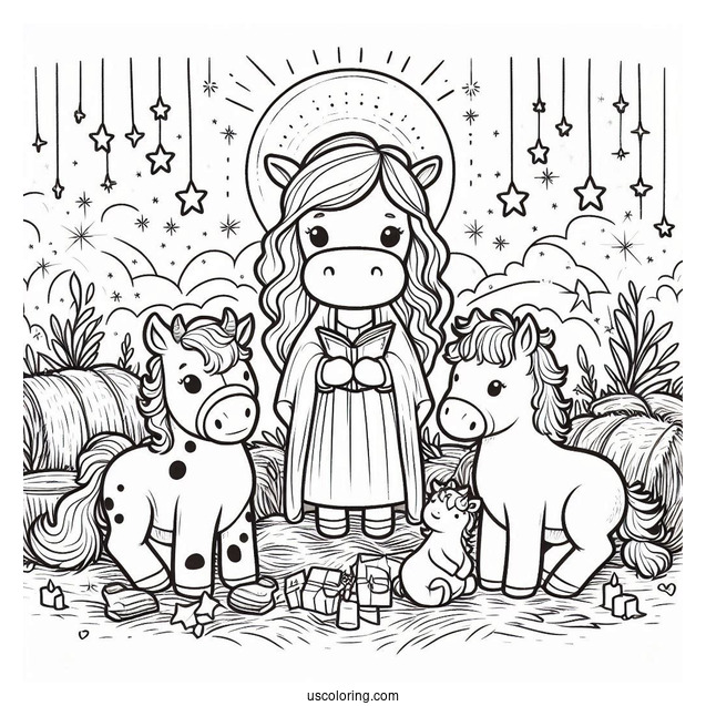 Nativity Coloring Page With Cow And Pony Surrounding Jesus