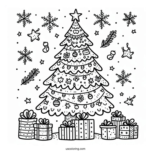 Simple Christmas Tree With Presents Coloring Sheet