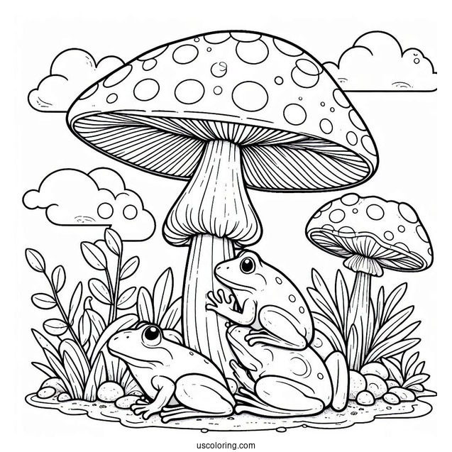 Frogs Sheltering Under A Mushroom Coloring Page