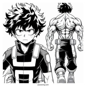Izuku Midoriya In Front Of Muscular Deku Coloring Page
