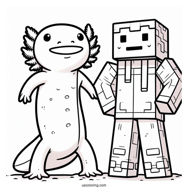 Axolotl Coloring Page Standing Beside Minecraft Steve