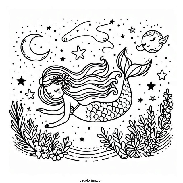 Cute Coloring Page Mermaid Swimming In The Night Sky