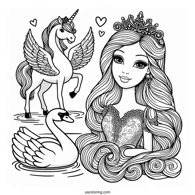 Swan Princess Barbie With Unicorn Coloring Sheet