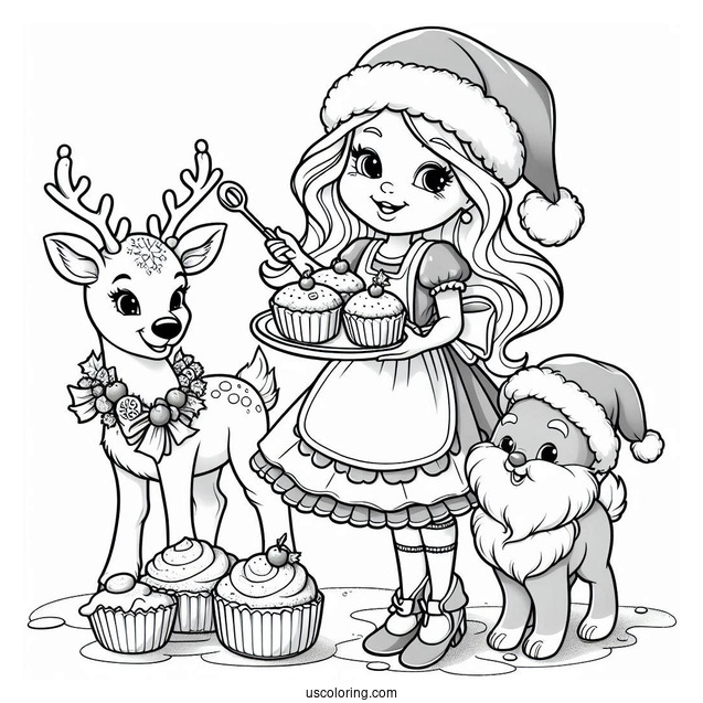 Mrs Claus With Baked Cookes And Rudolph To Color