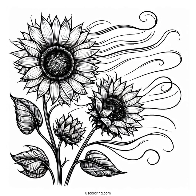 Sunflowers Blowing In The Wind For Coloring