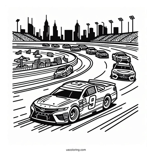 Simple NASCAR Coloring Page Cars Outline On Race Track For Kids