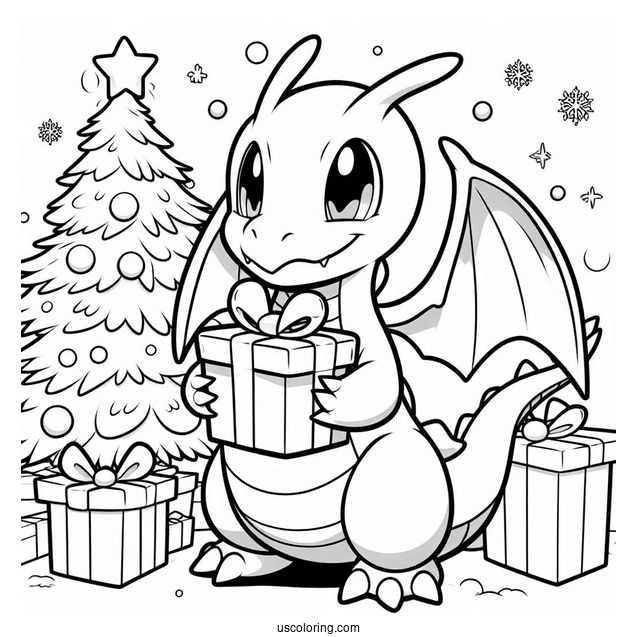 Pokemon Christmas Coloring Page Dragonite Holding A Present