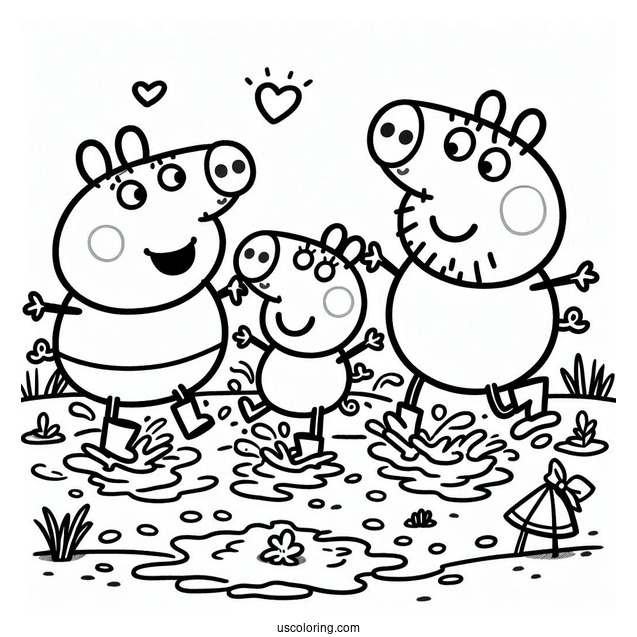Peppa Pig Family Jumping In Mud Coloring Page