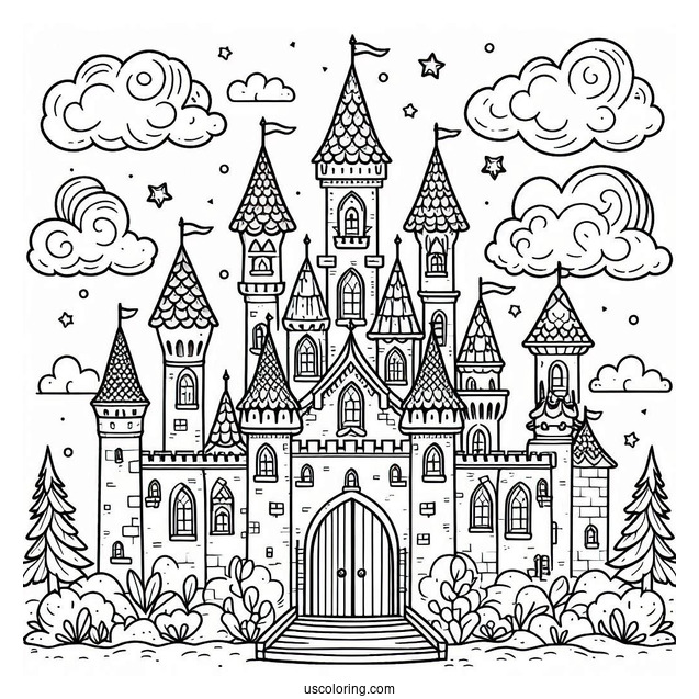 Cute Castle Coloring Page In The Clouds For Kids