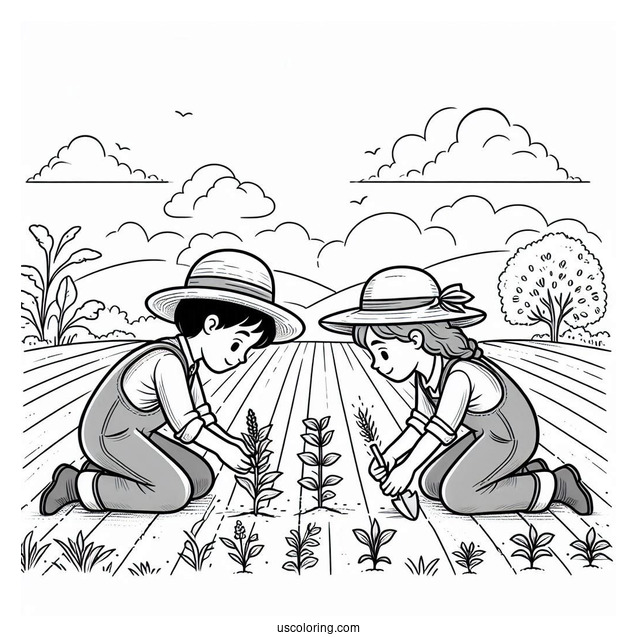 Two Farmers Planting Crops To Color