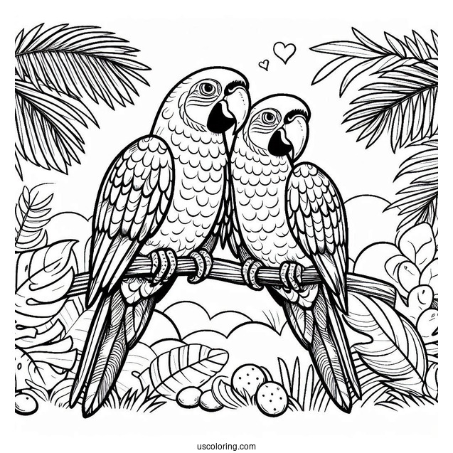 Two Macau Parrots In The Jungle Coloring Page