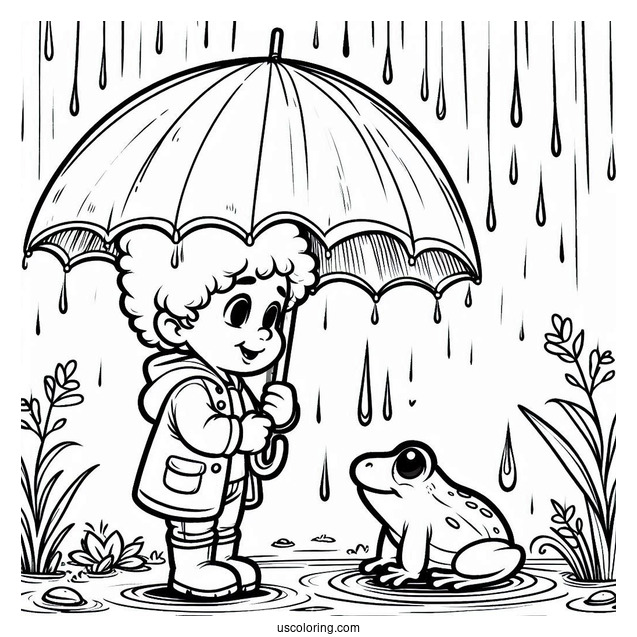 Little Boy Looking At Frog Under The Rain Coloring Page