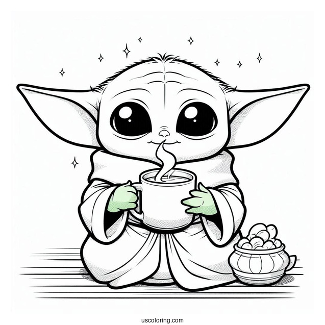 Cute Kawaii Baby Yoda Drinking Tea