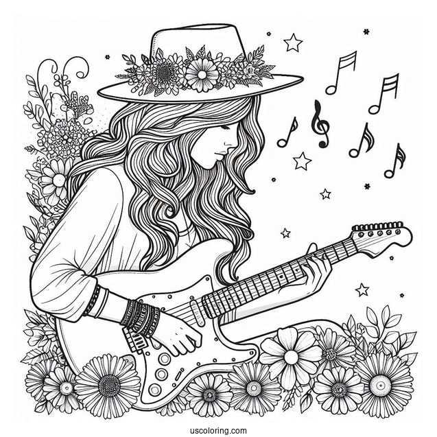 Music Coloring Page Of Woman In Hat Playing Electric Guitar
