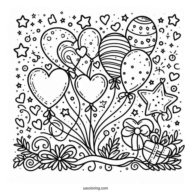 Happy New Year Coloring Page Of Balloons With Love Hearts And Stars