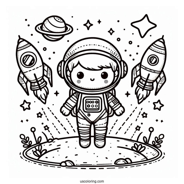 Outer Space Journey with a Chibi Coloring Page Astronaut and Rocket Ships