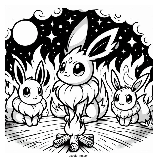 Sylveon Coloring Page With Other Eevee Evolutions Around Bonfire