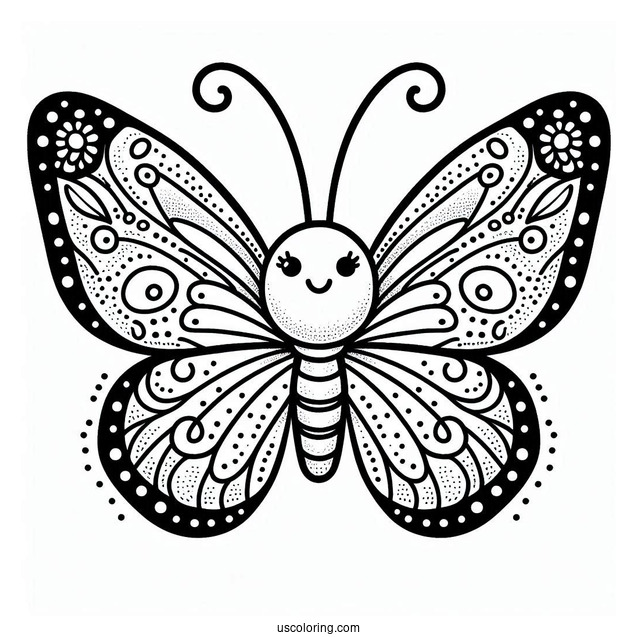 Simple Smiling Butterfly Coloring Page With Detailed Wings
