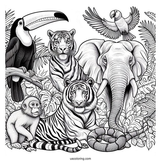 Realistic Toucan, Tiger, Snake, Gorilla, Elephant, And Monkey In Jungle Coloring Page
