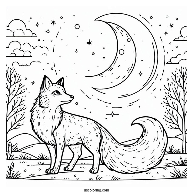 Fox Coloring Page Looking At Full Moon