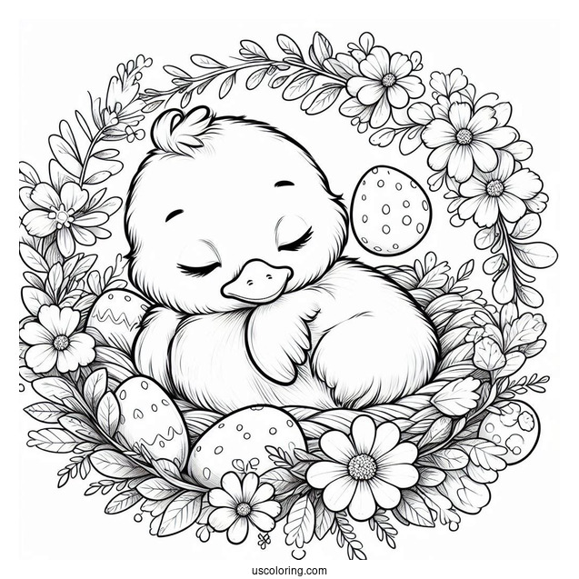 Sleeping Duckling Inside A Flower Wreath