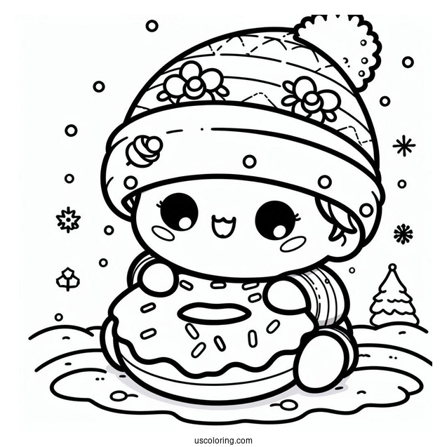 Baby Donut Coloring Page Playing In The Snow On Christmas