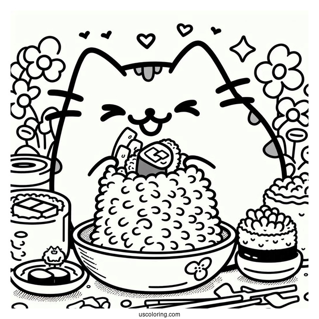 Pusheen Eating Rice And Sushi Coloring Page