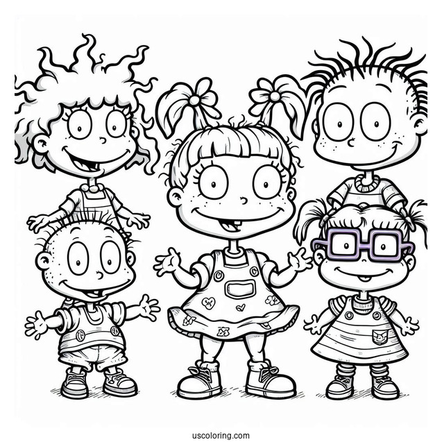 Rugrats Coloring Page Of Detailed Angelika, Tommy, Chuckie, Lillian, And Susie Rugrats