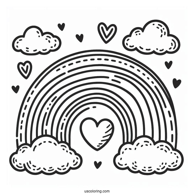 Rainbow Coloring Page With Love Heart Clouds