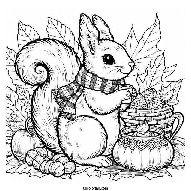 Squirrel Coloring Page Sitting On Fall Leaves With Scarf And Hot Drink